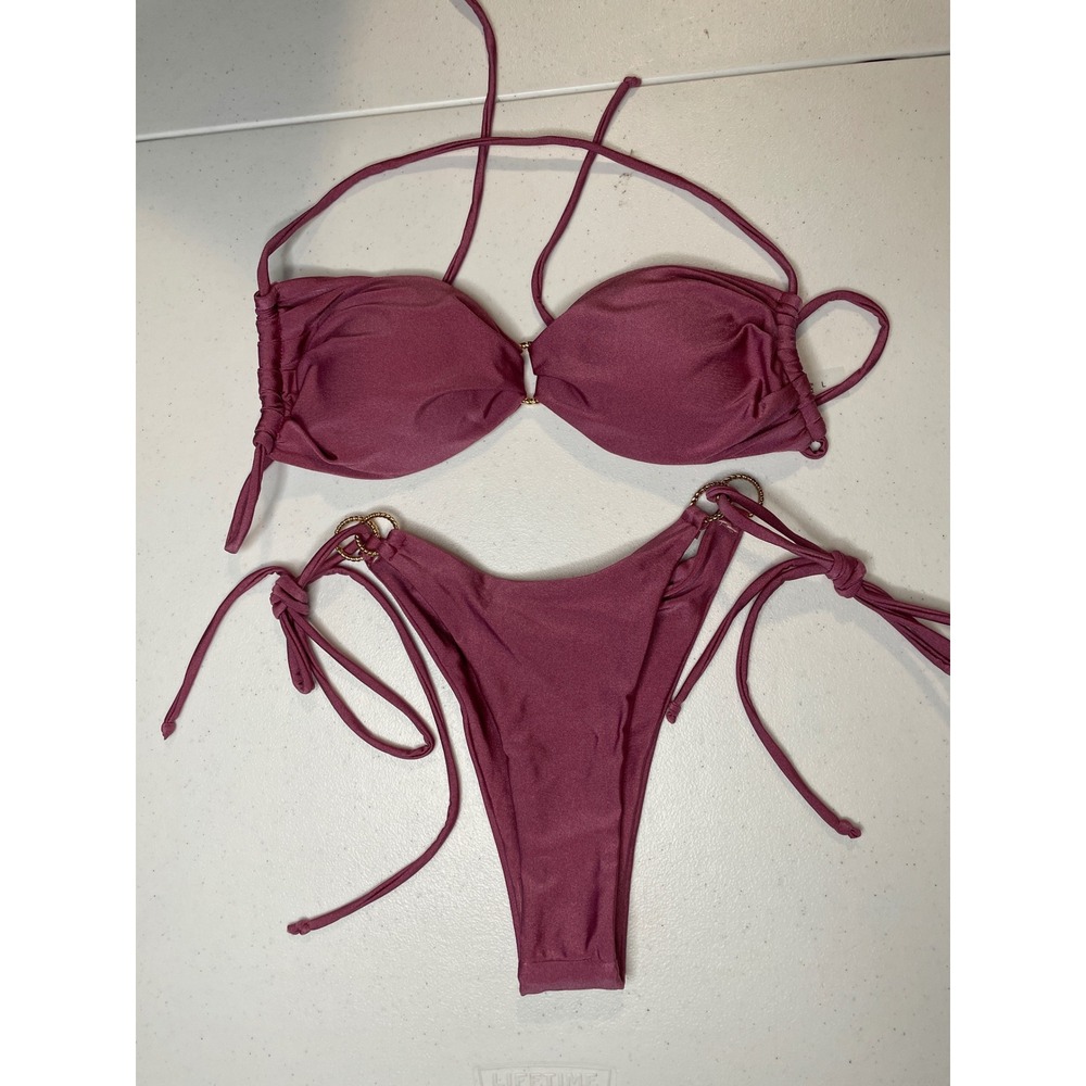 SOLY HUX Bathing Suit for Women Halter Ring Linked Tie Side Bikini Set, L
